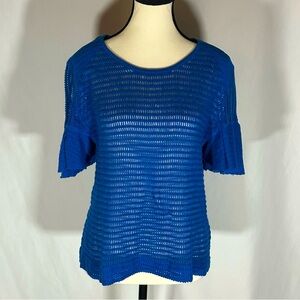Free People • Babes Only Open Knit Ruffle Short Sleeve Sweater Blue Size Medium